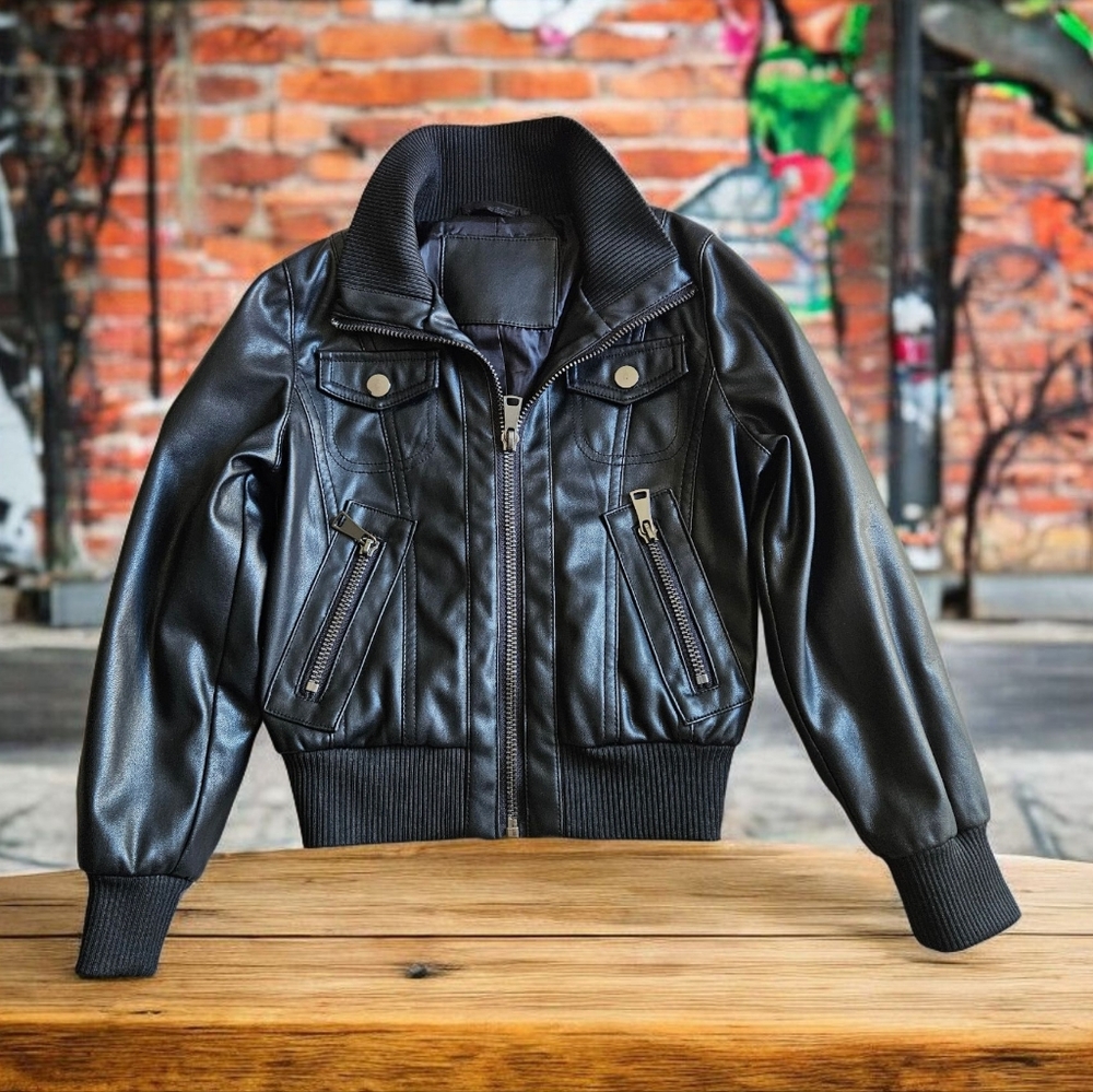 Kid Faux Leather Bomber Jacket with Ribbed Trim Fits 2-4 Years Old Boy
